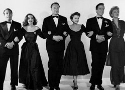 The principal cast of All About Eve. (Left to right) Gary Merrill, Bette Davis, George Sanders, Anne Baxter, Hugh Marlowe and Celeste Holm.