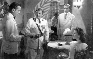 The main characters, from left to right: Rick Blaine, Captain Renault, Victor Laszlo and Ilsa Lund