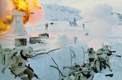 Rebel troops fight against the Imperial walkers and stormtroopers